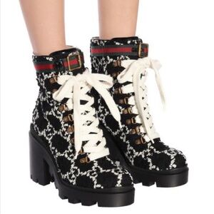 Gucci Tweed GG Monogram Lace Up Combat Ankle Boots Black & White Womens SZ 37.5